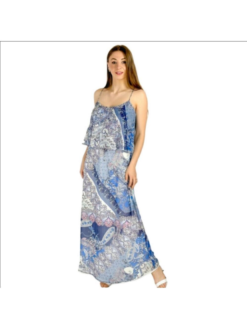 *Massimo Dutti Blue & White Halter Maxi Dress Boho Print Sleeveless Size 2